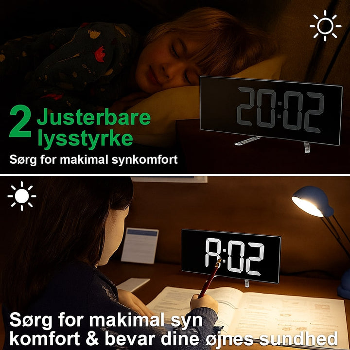 Sort digitalt vækkeur med LED display og buet front, nem at læse.