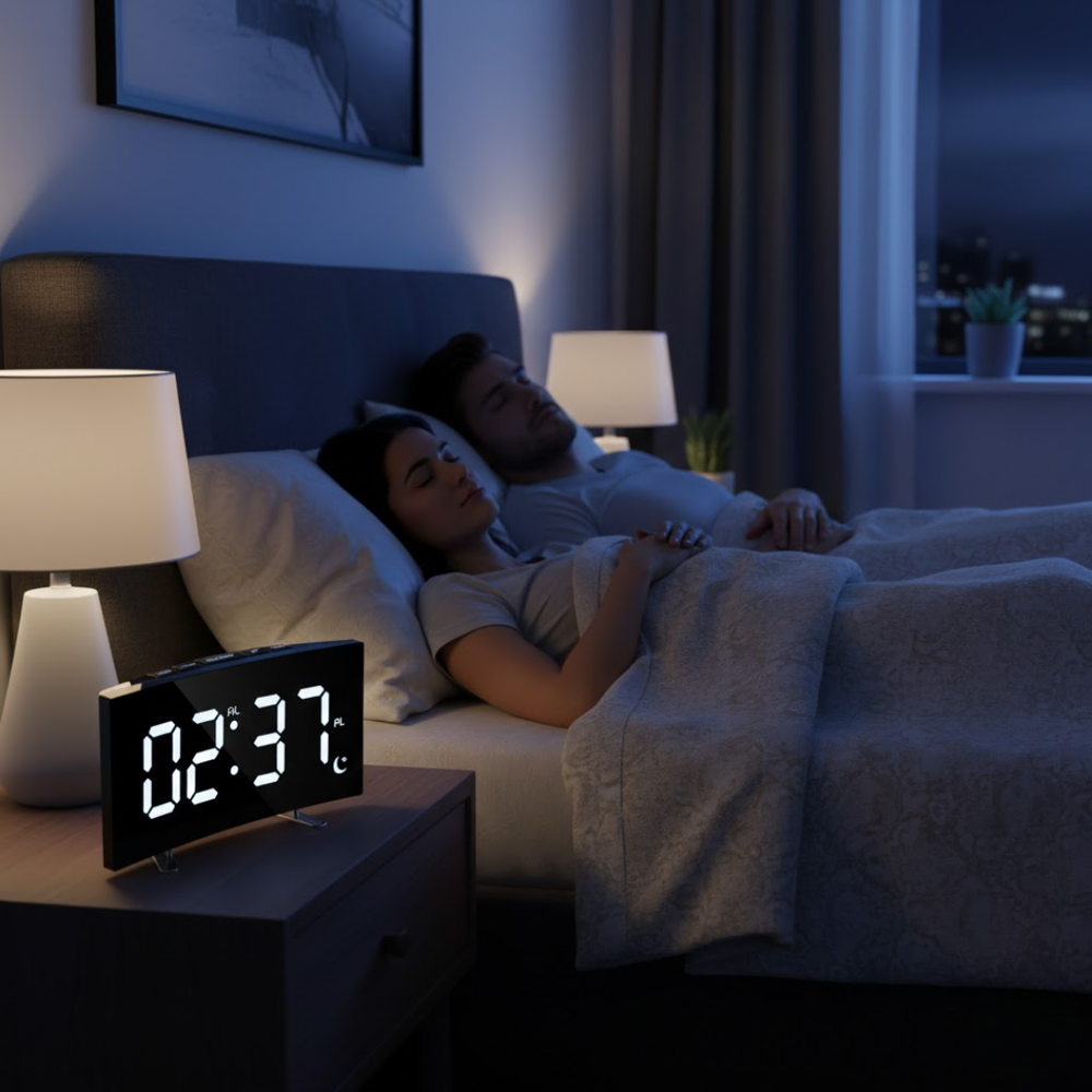 Moderne digitalur med buet LED display og automatisk lysjustering.