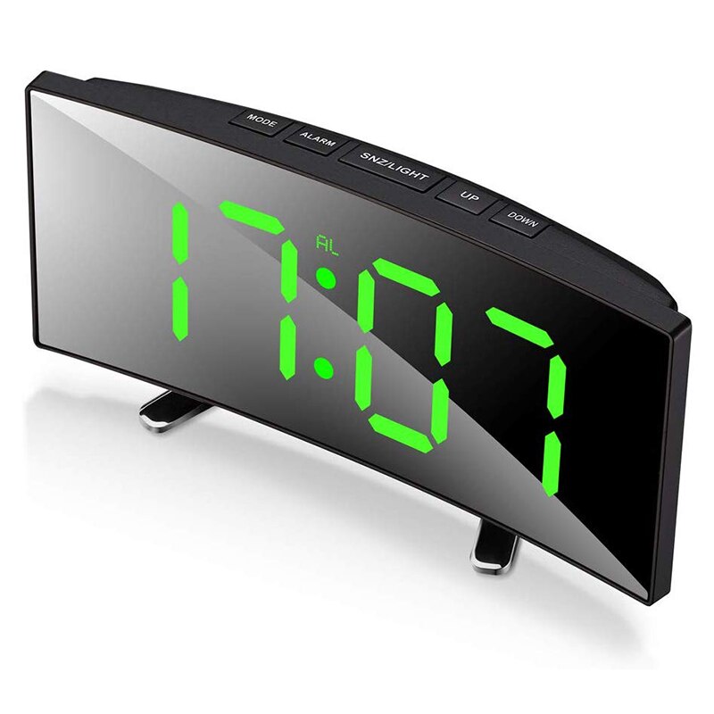 Vækkeur med stor, tydelig tidsvisning og moderne buet LED design.