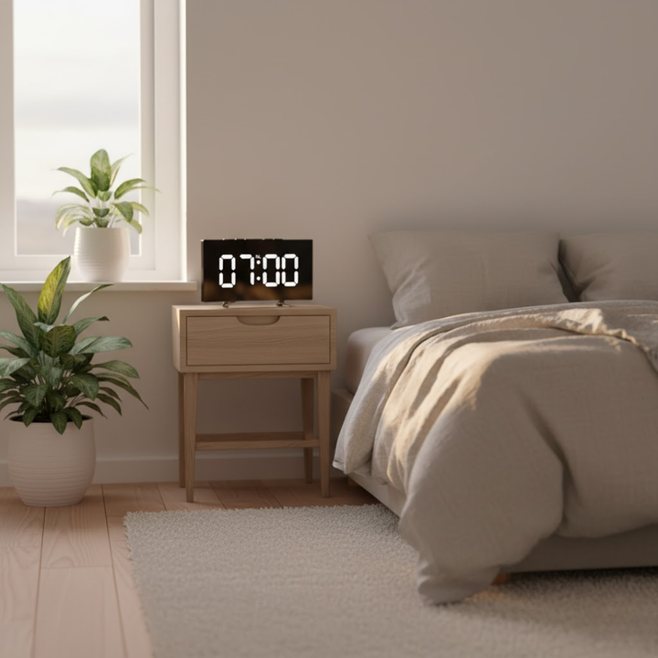 Stilrent LED vækkeur til soveværelset, batteri- og USB-drevet.