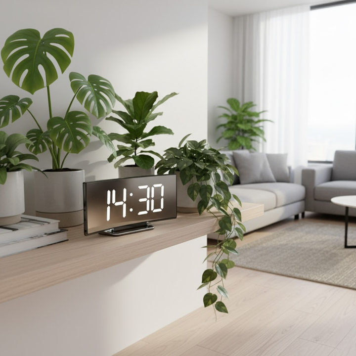 Digitalt ur med hvid LED display, buet front og elegant design.