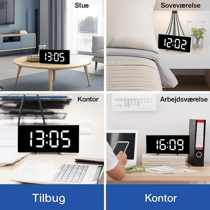 Kompakt LED vækkeur med automatisk lysjustering og buet front.