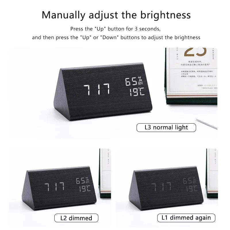 Tydeligt LED-display på digitalt vækkeur med trælook og tidsvisning.
