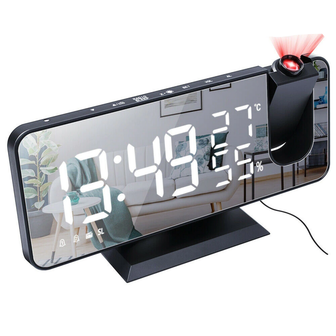 Digitalt vækkeur med alarm, 180° roterende projektor, FM radio, USB-port og visning af temperatur/luftfugtighed.