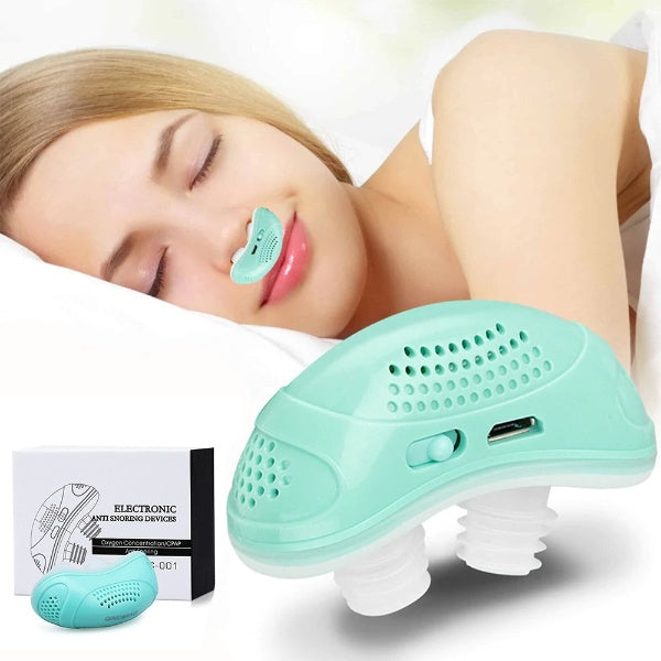 "Diskret Micro-CPAP-enhed mod snorken og søvnapnø, kompakt og lavmælt, ideel til rejser og daglig brug."