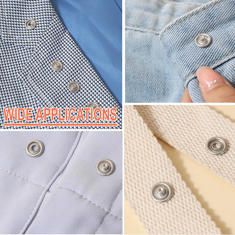 DIY trykknapsæt i metal til tøj og babyudstyr. Komplet sæt til nem montering og reparation af tøj.