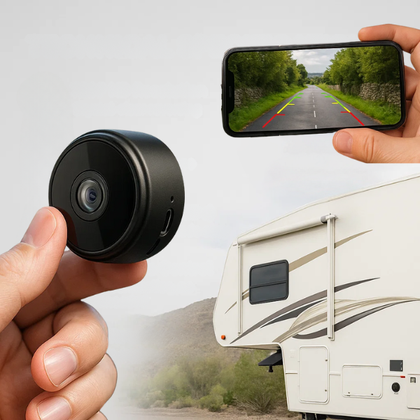 Trådløst Drive360 bakkamera med 360-graders rotation & app-styring. Ideelt til bil, lastbil & trailer.