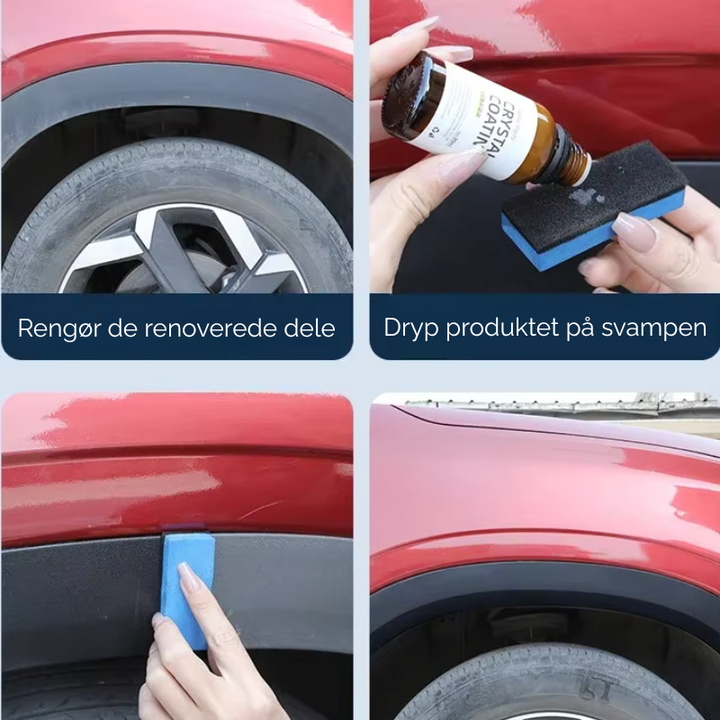 Bilens plastdele beskyttet mod UV-stråler og vand med Bilplast Restorer; langvarig autopleje.
