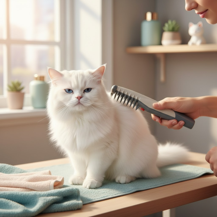Kat nyder skånsom pelspleje med effektiv trimmer, fjerner knuder i pelsen.