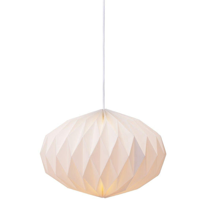 Elegant beige dråbeformet akrylpendel Ø42 cm med blød 360° lysspredning, ideel til stue eller soveværelse.
