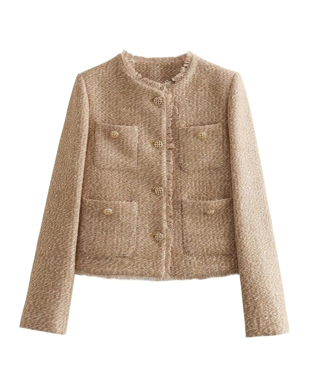 Flatterende beige kvinders frakke, klar til brug. En komfortabel, tidløs og elegant klassiker til efterår/vinter.