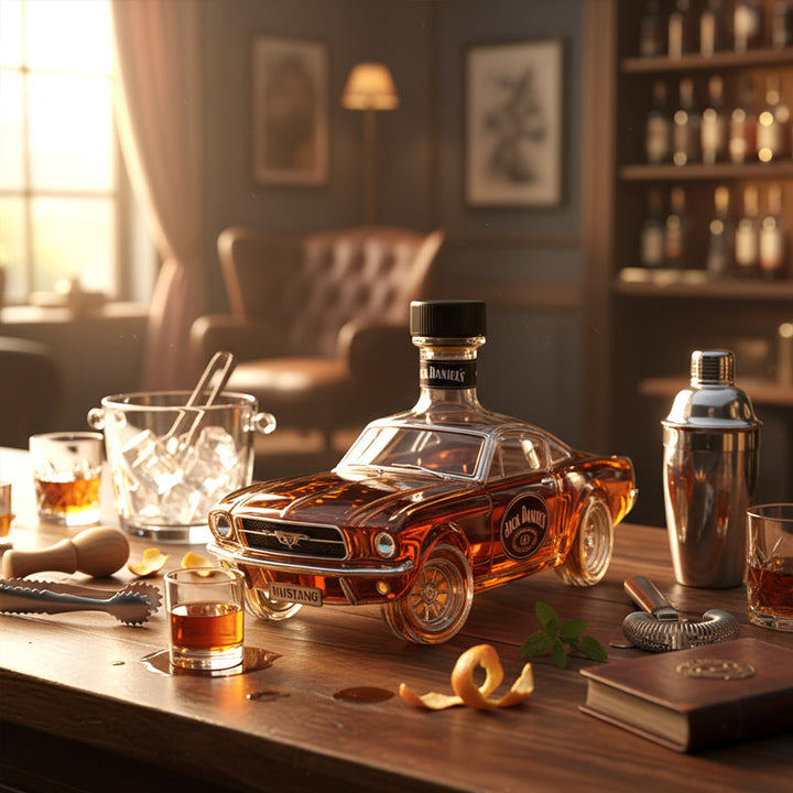 Whiskykaraffel designet som en klassisk bil, ideel til opbevaring af whisky og spiritus.