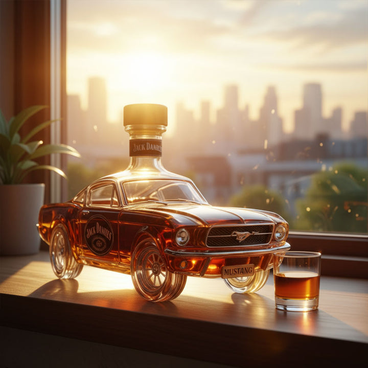 Glas whiskykaraffel formet som en bil, et unikt barudstyr og en mandegave til bilentusiaster.