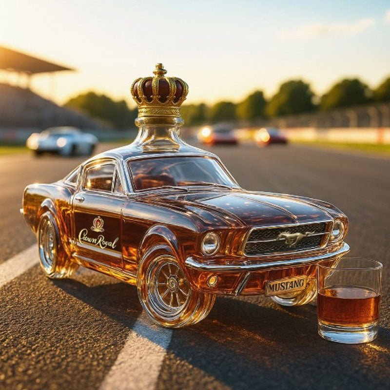 Detaljeret bilformet spirituskaraffel i klart glas, perfekt til display i hjemmebaren.