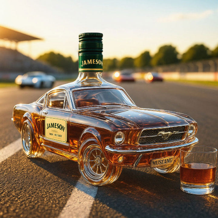 Håndblæst whiskykaraffel i bilform, et must-have for samlere og elskere af fin spiritus.