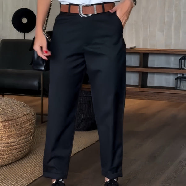 Sorte elegante stribede bukser med høj talje, lige ben, ideelle til arbejde og fest for kvinder.