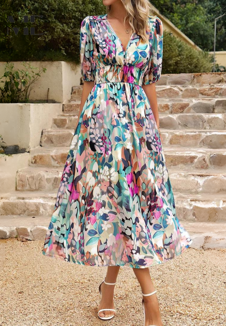 Luftig sommerkjole med blomsterprint for et romantisk og elegant look. Perfekt til ferie.
