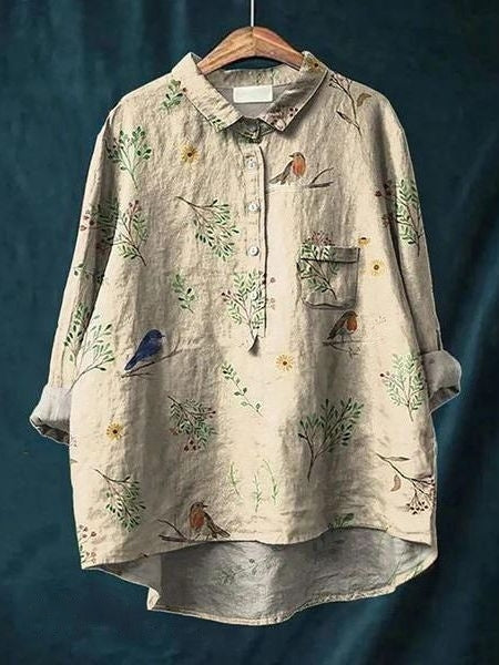 Stilfuld blomstret bluse til kvinder, også plus size mode. Smukt blomsterprint og lang ærme.
