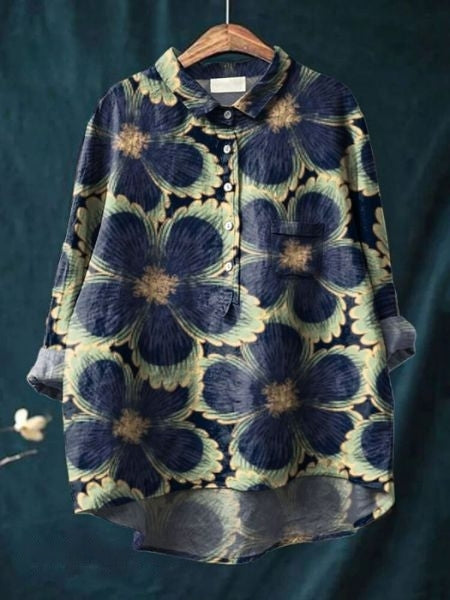 Klassisk blomstret langærmet bluse til kvinder. Elegant blomsterprint; alsidig feminin mode top.