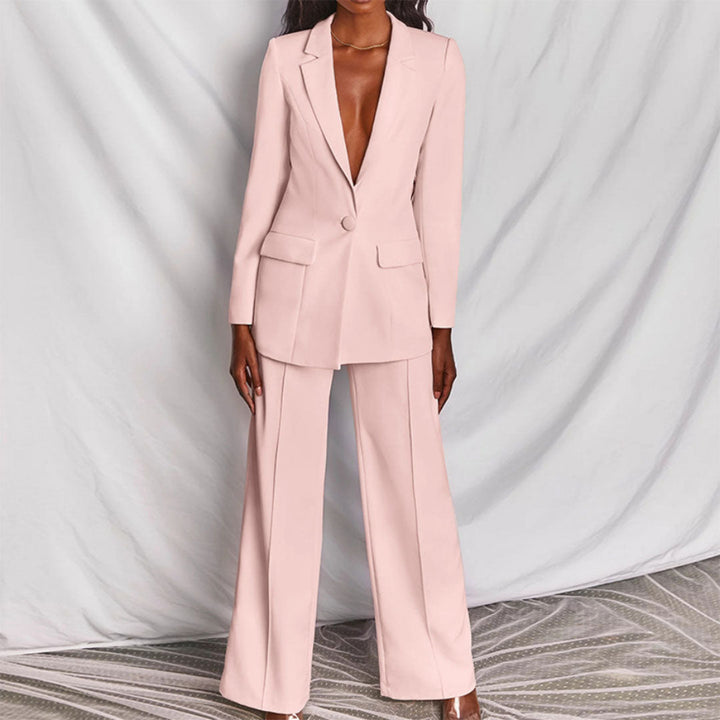 "Elegant dame blazer og bukser sæt, gult design. Perfekt til professionelt og formelt look. Komfortabel pasform."