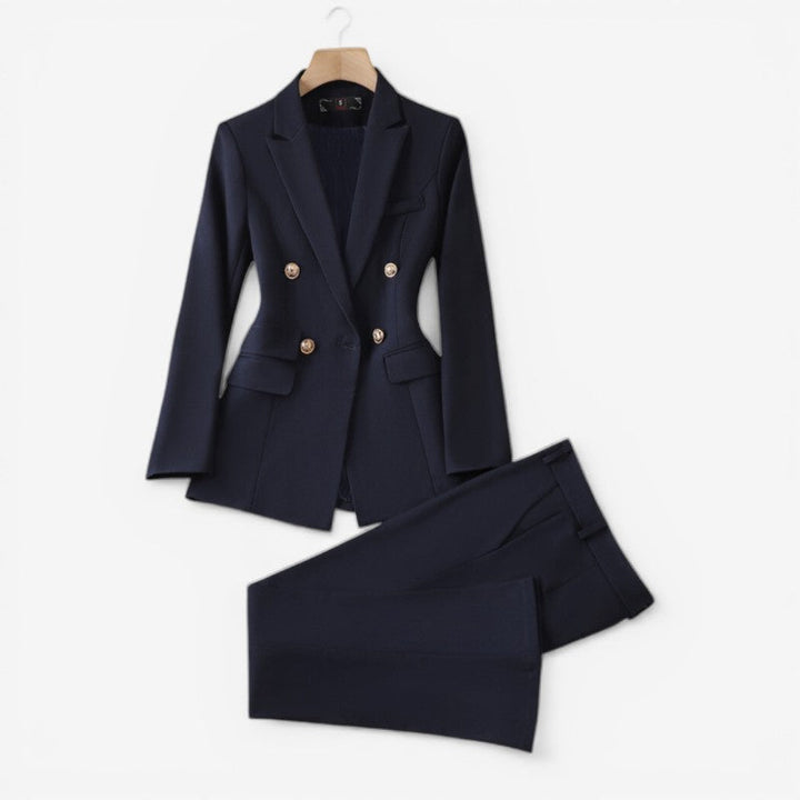Stilfuldt 2-delt damesæt: Professionel blazer og figursyede slim fit bukser til arbejdstøj.