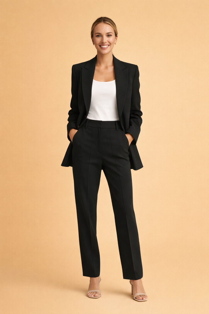 Komfortabelt dame blazer sæt med bukser, perfekt til et smart business look.
