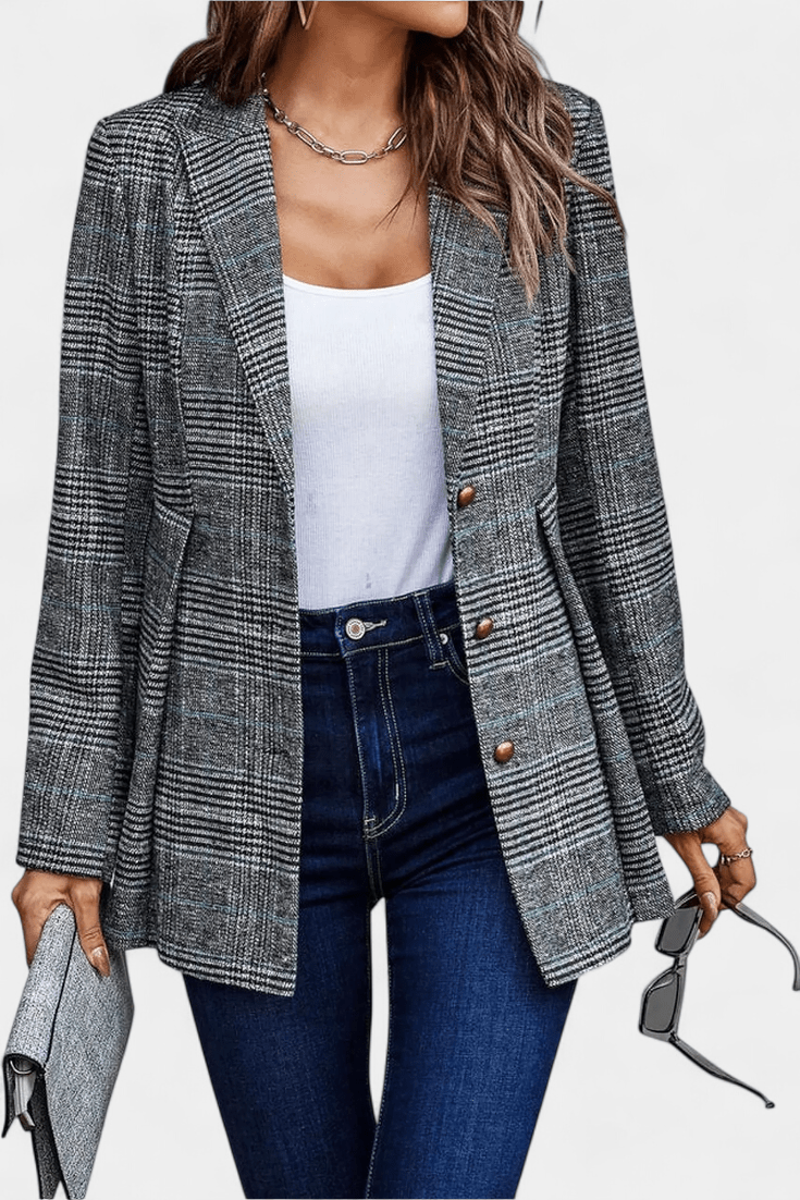 Alsidig rutet peplum blazer til kvinder, perfekt som arbejdstøj eller stilfuld hverdagsmode.