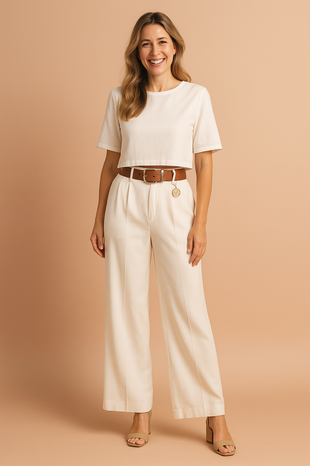 Elegant dame sæt med stilfuld crop top og vide, komfortable bukser i moderne design, perfekt til sommer.