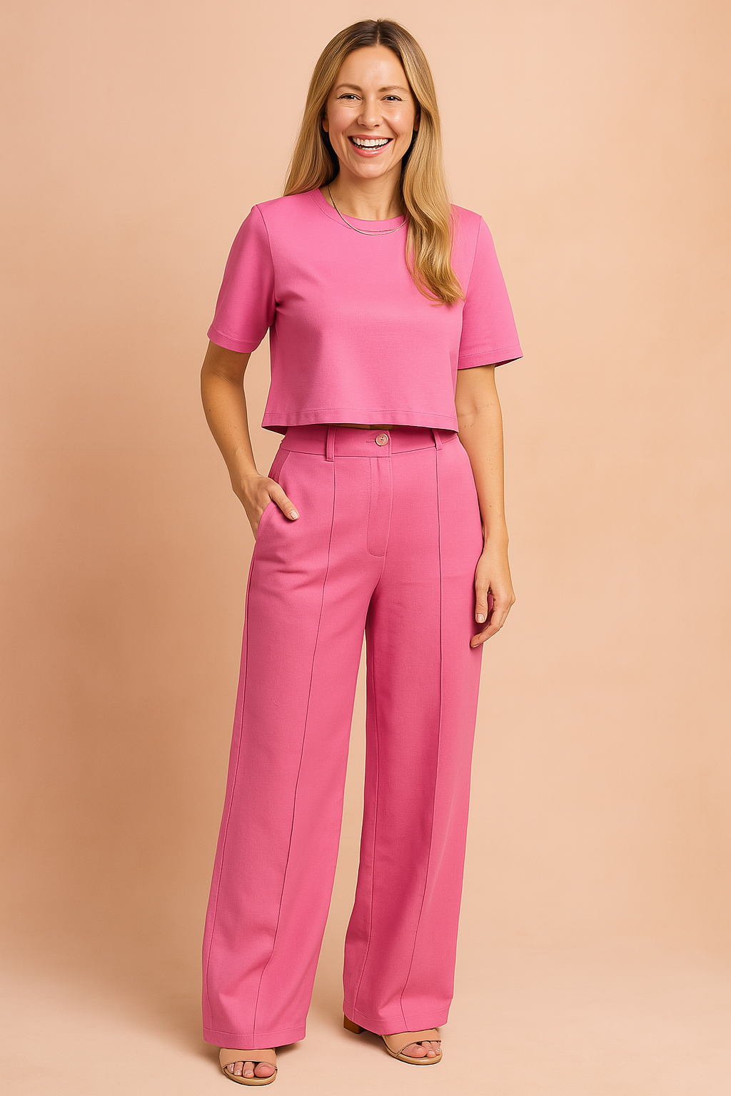 Moderne dametøj: Chic crop top og smarte vide bukser, ideelt til fritid og afslappede lejligheder.