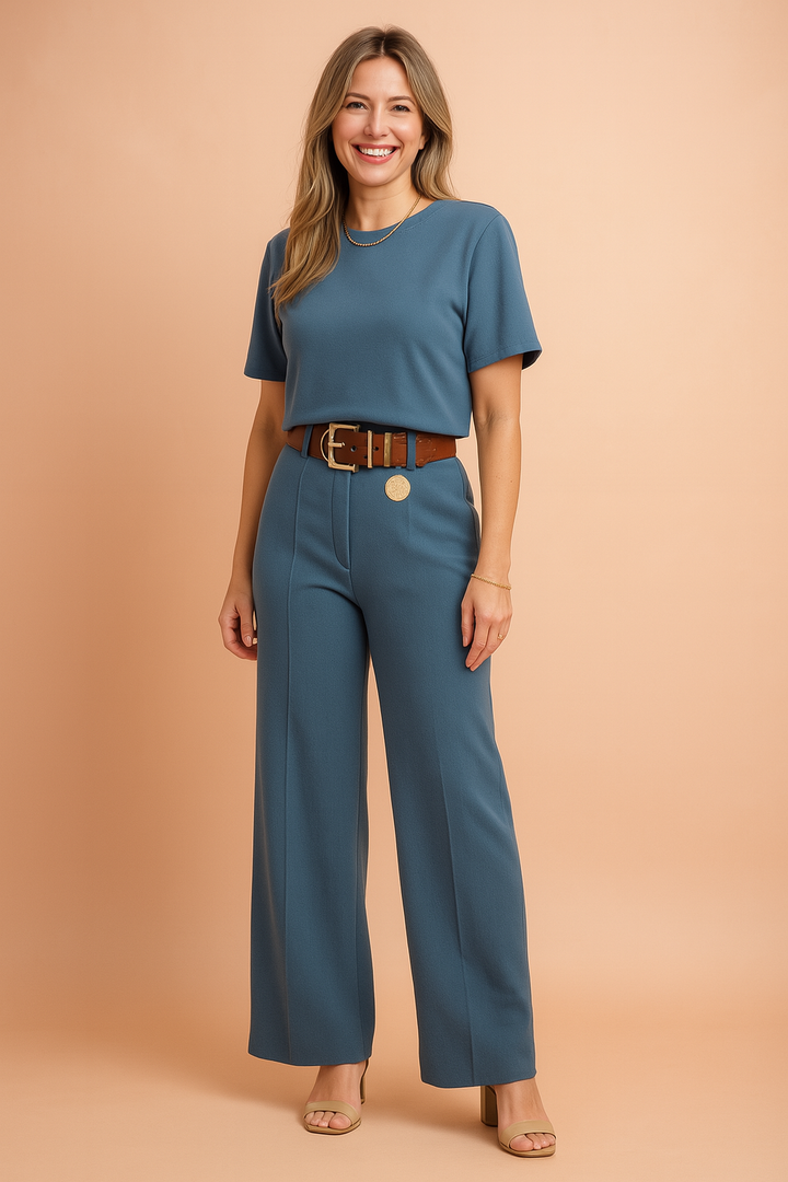 Alsidigt dame sæt med trendy crop top og vide bukser, perfekt til en moderne og afslappet stil.