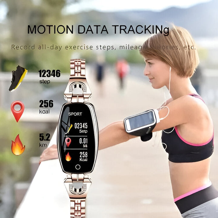 Elegant dame smartwatch i guld, perfekt til wellness og fitness tracking.