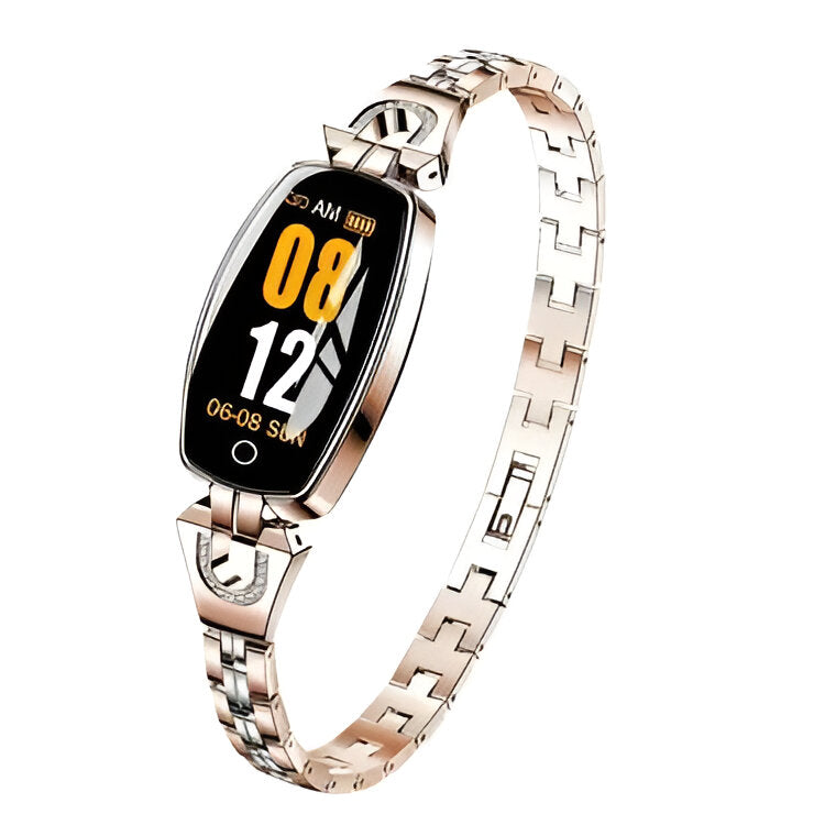 Smartwatch til damer, med elegant guld/sølv design, pulsmåler og fitness funktioner.