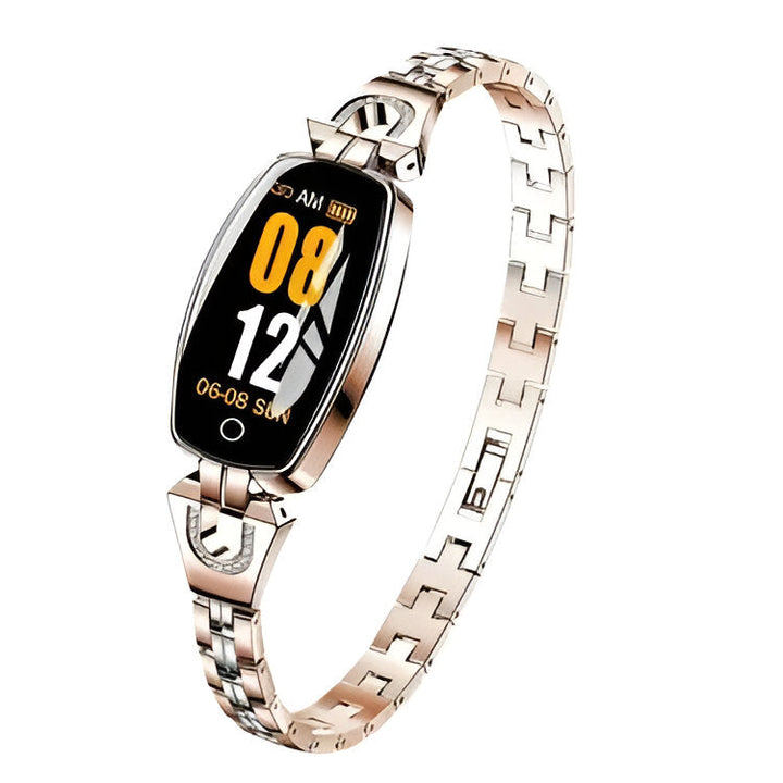 Smartwatch til damer, med elegant guld/sølv design, pulsmåler og fitness funktioner.
