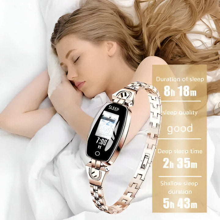 Bluetooth dameur med fitness tracking, pulsmåler, blodtryk og søvnovervågning.