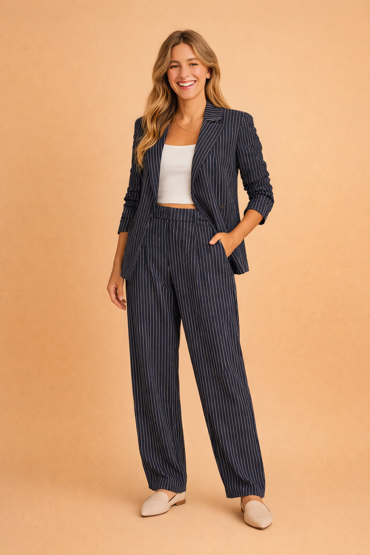 Elegant dame todelt sæt med stribet kort jakke og løse bukser. Perfekt til forår/sommer hverdagsstil.