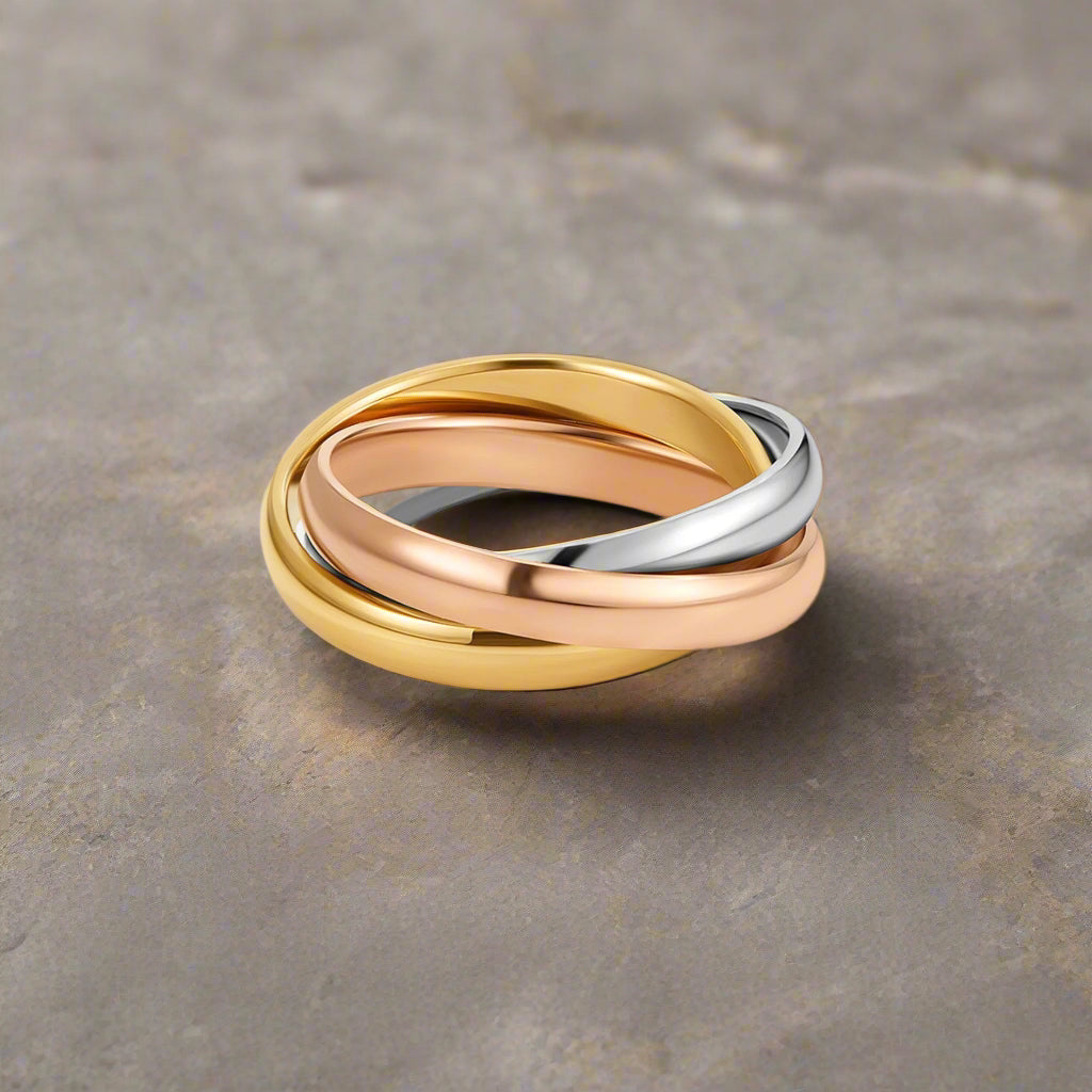 Elegant dame tri-farvet loop-ring. Unikt smykke med 3 farver, ideel som kvindering og glamour gaveidé.