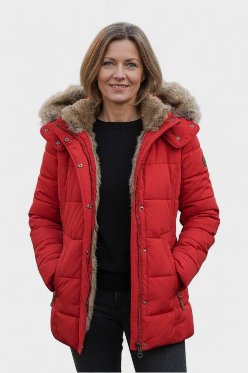 Damefrakke med luksuriøs pelsforing, blød og varm, ideel som elegant og lang vinterfrakke.
