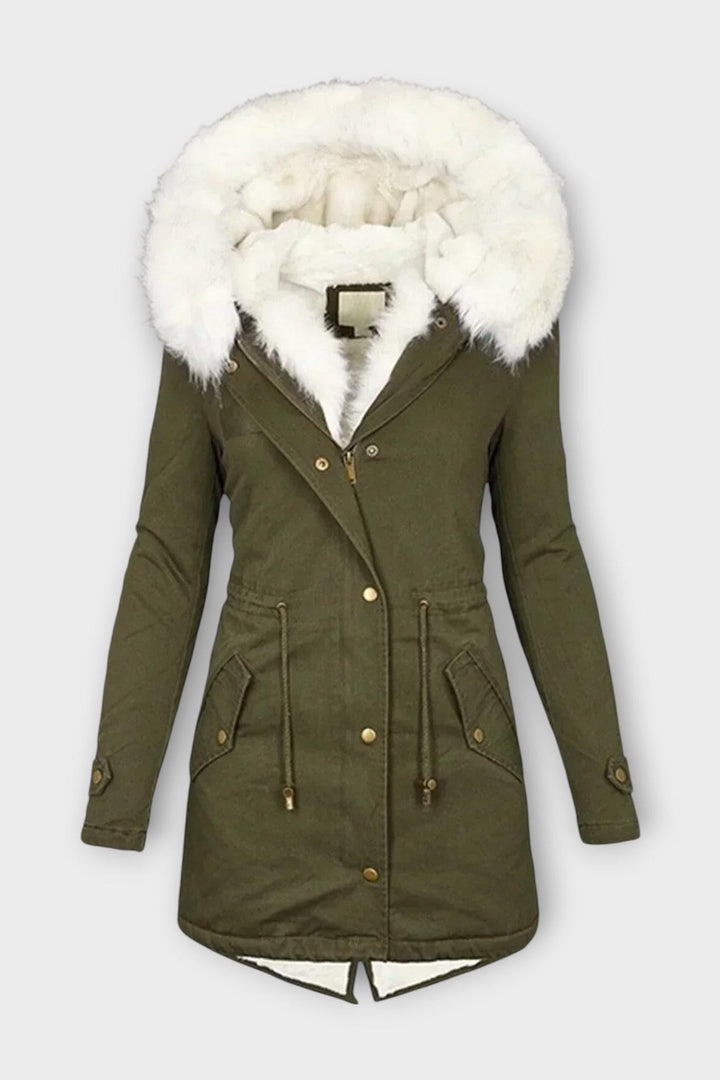 Elegant dame vinterjakke Aisha i varmt faux fur, lang model til vinter.