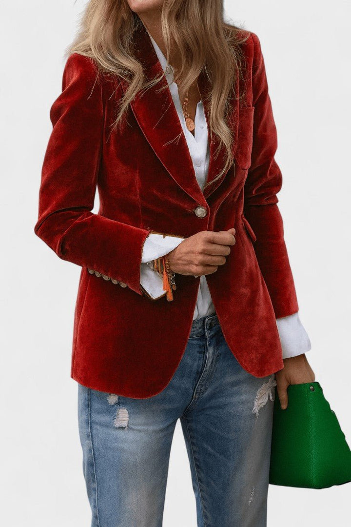 Sort, blå, grøn, rød elegant dameblazer. Perfekt til kontorstil, fest og hverdagens fashion.