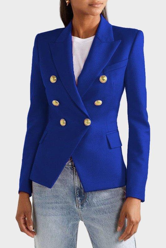 Elegant flerfarvet dameblazer med skarp silhuet, gyldne knapper. Perfekt til formel og smart mode.