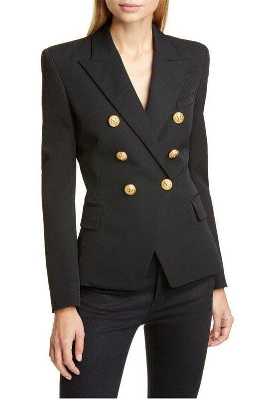 Elegant, figursyet flerfarvet dameblazer. Skarp silhuet med gyldne knapper til den moderne kvinde.