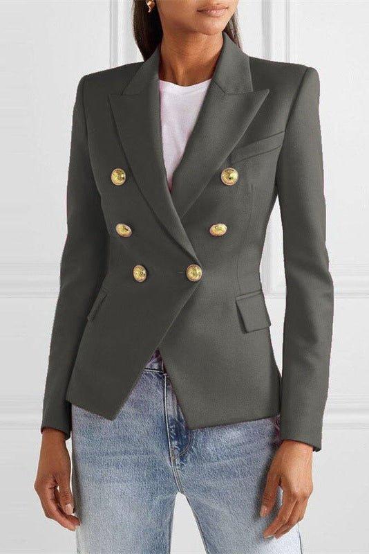 Smart flerfarvet dameblazer med elegant snit. Skarp silhuet og gyldne knapper til en moderne kontorstil.