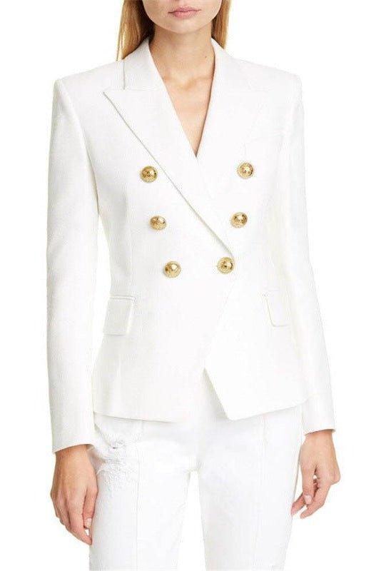 Klassisk flerfarvet dameblazer, figursyet med gyldne knapper. Tidløs formel beklædning og elegant stil.