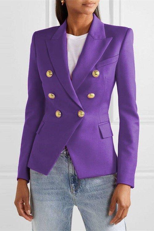 Smart flerfarvet dameblazer til kontor og fest. Figursyet snit, elegante gyldne knapper.