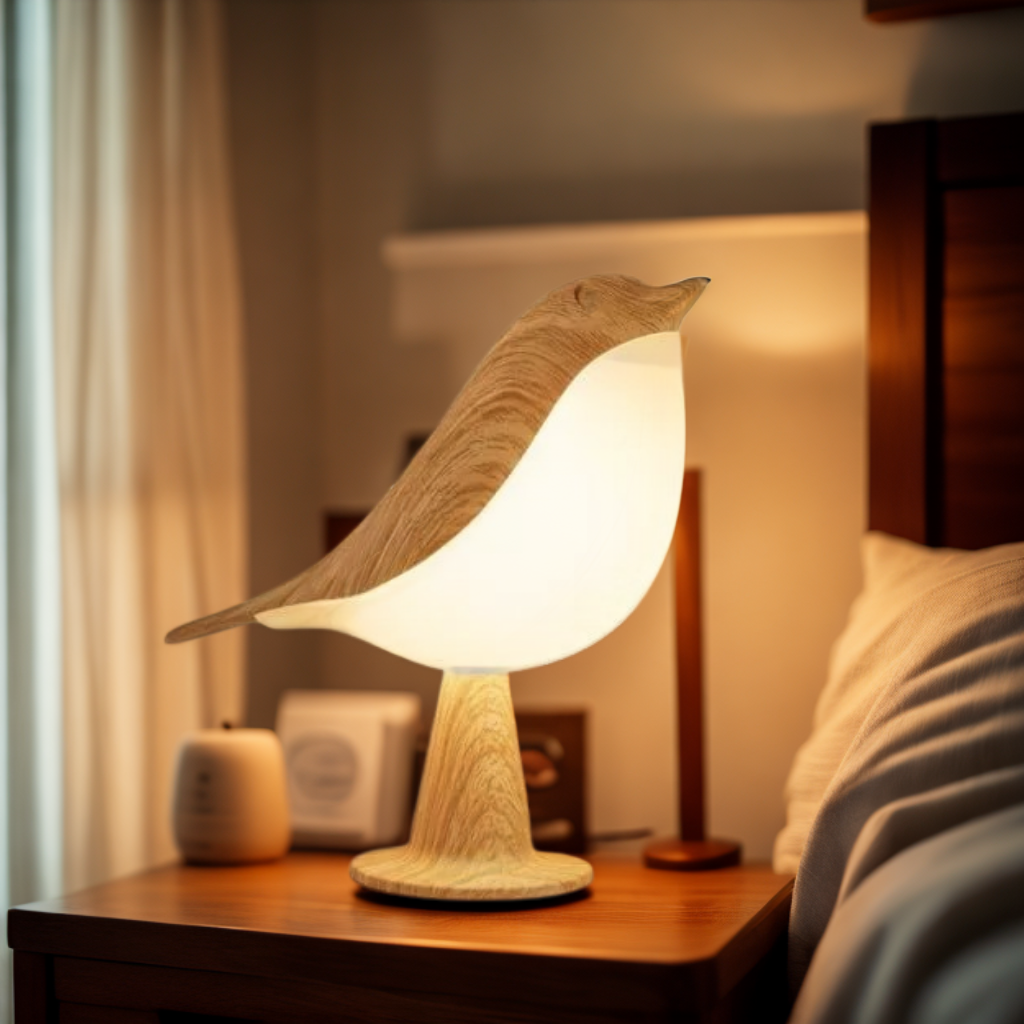 Elegant fuglelampe i trælook. Dæmpbar LED-belysning, trådløs og genopladelig for hyggelig atmosfære.