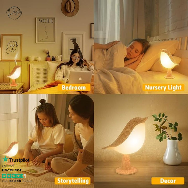 Designlampe, fugleformet, med dæmpbar LED. Skaber hygge som trådløs belysning til ethvert rum.