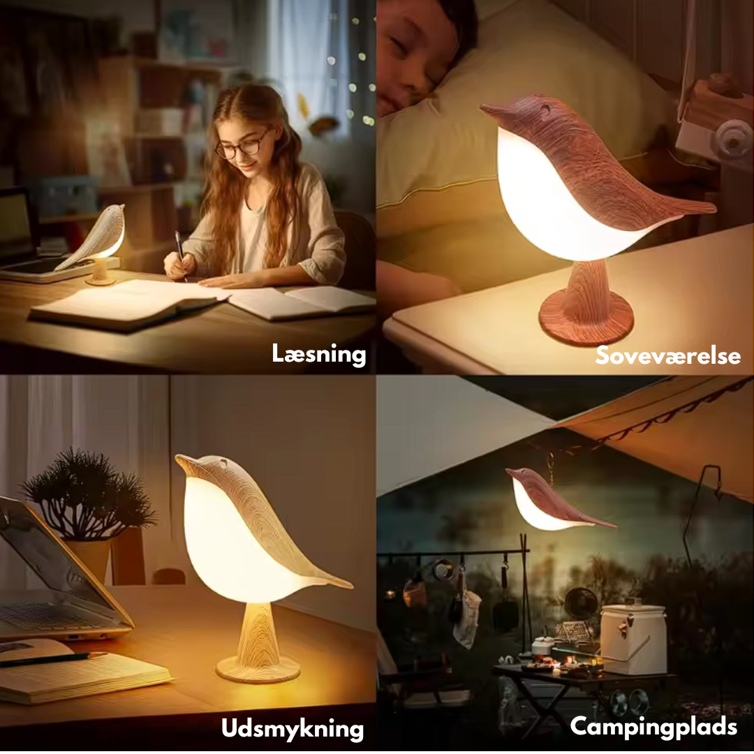 Elegant trælampe, fuglemodel, med justerbar belysning. Trådløs LED-bordlampe for stemning.