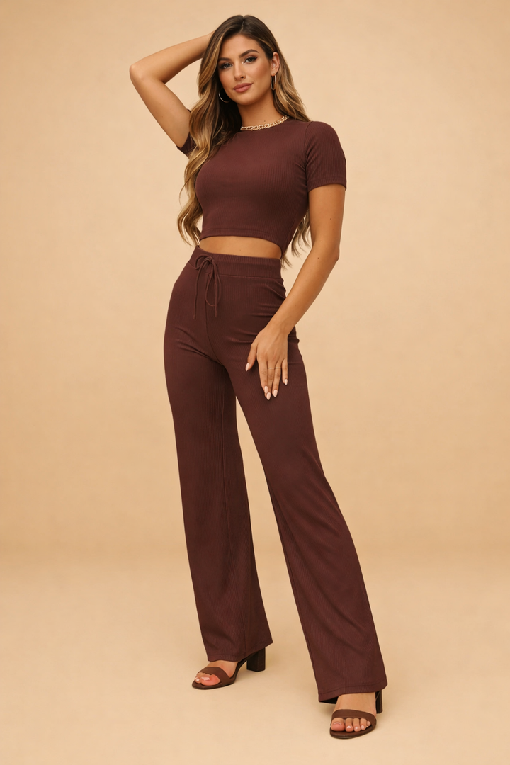 Stilfuldt Gabriela top og bukser sæt til kvinder. Højtaljede bukser og matchende top for en elegant look.