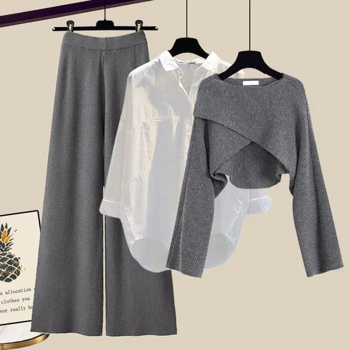 Elegant gråt 3-delt damesæt i bomuld/polyester med lange ærmer og brede bukser. Perfekt til kontor & hverdag.