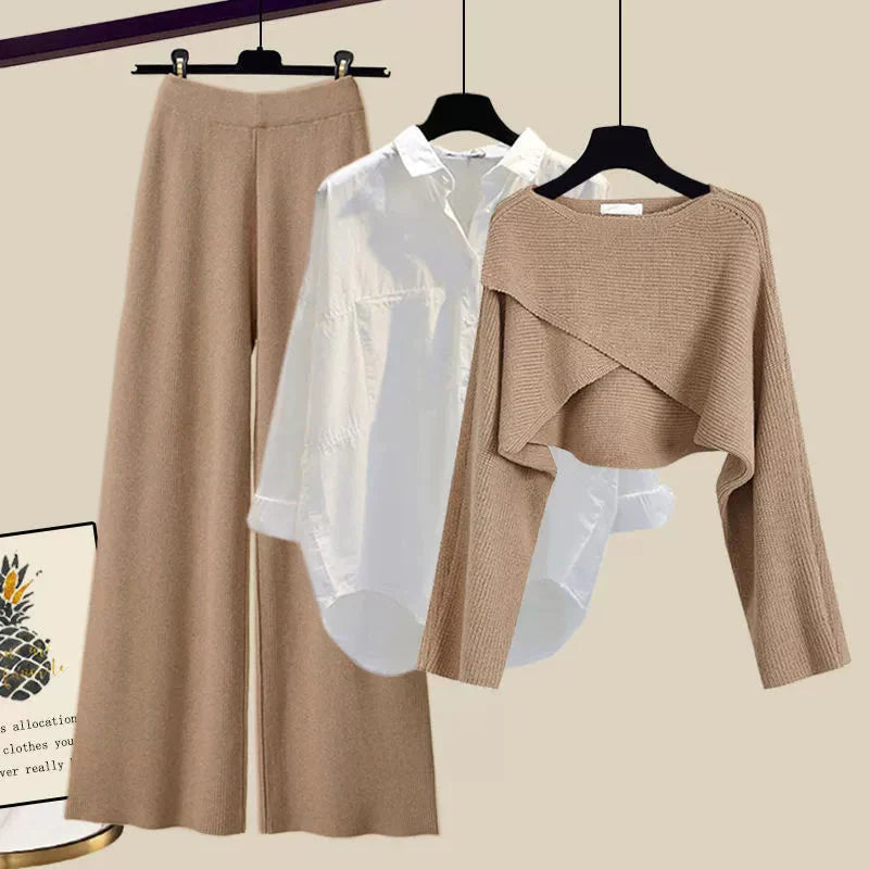 Elegant og komfortabelt brunt 3-delt damesæt. Stilfuldt outfit med lange ærmer og vide bukser til enhver anledning.